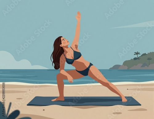 Woman practicing yoga on beach mat near ocean water under clear sky during sunny day