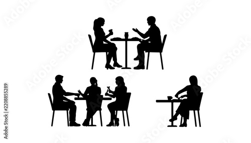 People Silhouettes at Tables, Various Poses and Seating Arrangements. Social Interaction Concept, Dining Illustration