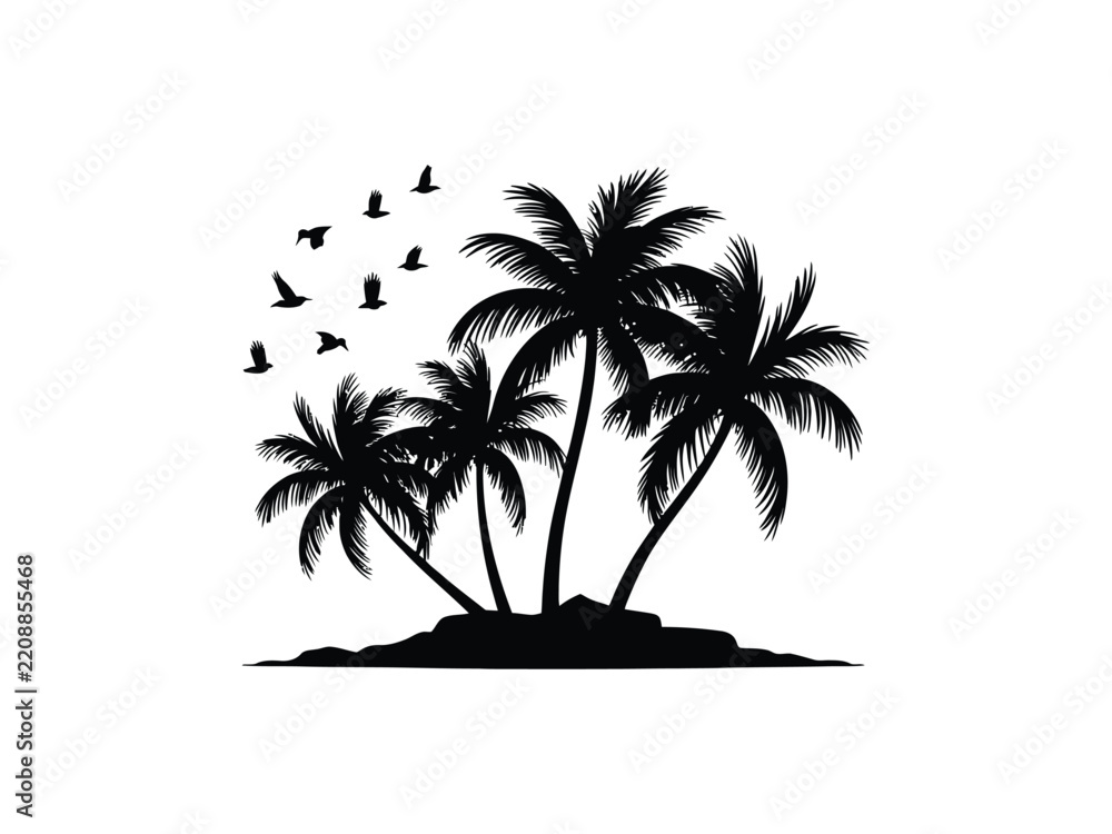 Fototapeta premium Island vector silhouette design featuring palm trees and birds