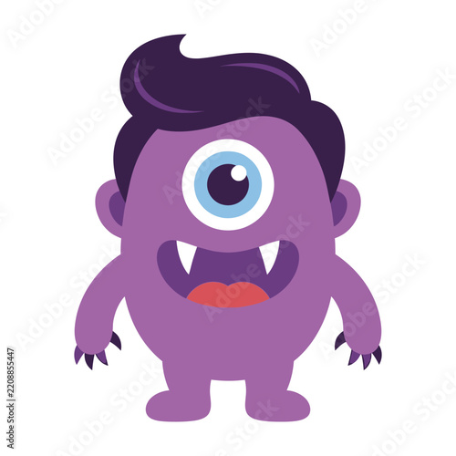 Purple monster with one eye and sharp teeth standing alone on white background