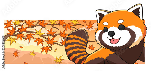 Cute Red Panda in Autumn Season with Falling Maple Leaves Background Vector Illustration