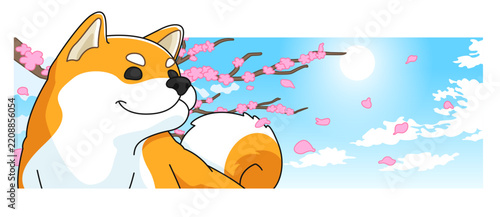 Cute Shiba Inu Dog Under Cherry Blossom Sakura Tree with Flying Petals Bright Sky Background Vector Illustration