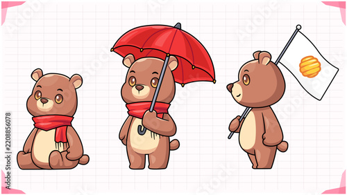 Set of cute bear mascot characters sitting wearing red scarf using umbrella and holding honey flag vector illustration