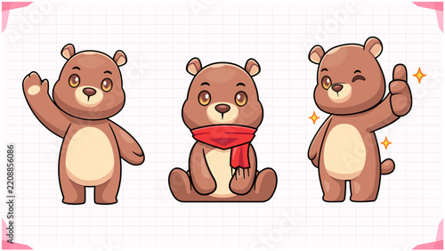 Set of cute bear mascot characters waving hand sitting wearing red scarf and thumbs up poses vector illustration
