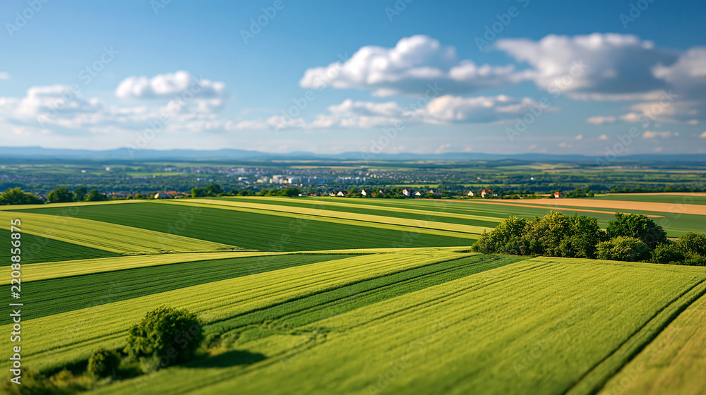 Fototapeta premium Aerial drone perspective over an agricultural landscape surrounding a European river city, farmland and urban blend concept, high-altitude photography, defocused patchwork fields,