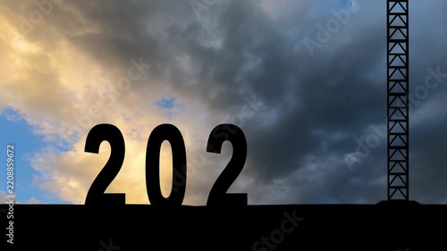 Crane lifting number 6 and come down to 2027, prepare for welcome start of beginning new year 2026 to 2027 with silhouette construction site and worker staff team cooperate together, sunrise sky at ba