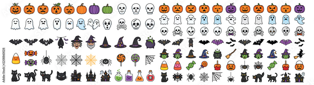 Fototapeta premium Halloween Icon Set Flat Vector Illustration, Spooky Holiday Elements and Character Graphics Collection