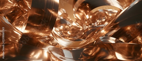 Abstract copper ribbon sculpture with flowing metallic curves, reflective texture, and warm luxury lighting creating elegant contemporary background for celebration design