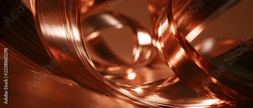 Abstract copper ribbon forming sweeping curves and reflective loops, creating warm metallic texture with elegant motion and luxurious atmosphere for modern design