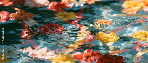 Rippling water reflecting colorful floating flowers creates vibrant abstract spring festival scene with movement, texture, and joyful seasonal atmosphere