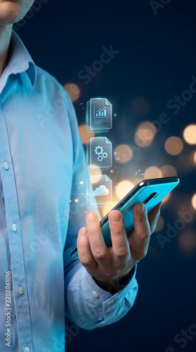 Businessman Holding Smartphone Interacting with Digital Document File Icons Hologram