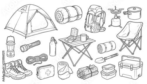 Camping Gear Set, Detailed Sketch Illustration, Outdoor Adventure Equipment