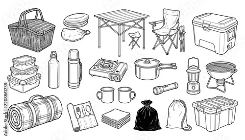 Camping Gear Set, Detailed Line Art Illustration, Outdoor Adventure Equipment