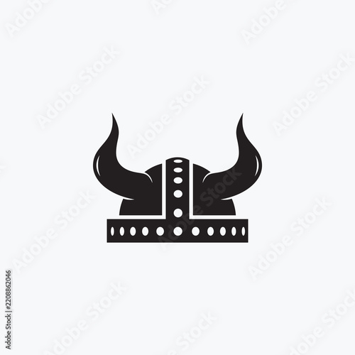 Viking logo design. Nordic warrior symbol. Horned Norseman emblem. Barbarian man head icon with horn helmet and beard.