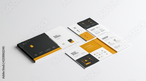 Isometric view of modern brand guidelines booklet and corporate brochure layout on white background. Ideal for showcasing graphic design portfolio projects.