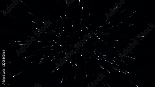 White particles burst and radiate on a solid black background