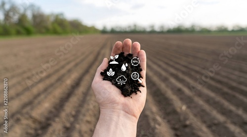 Farmer holding fertile soil with digital agricultural technology icons outdoors