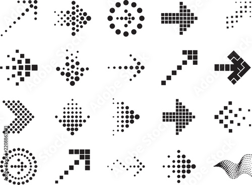 Obraz na plátně Halftone dotted arrow set collection pixelated directional navigation symbols ve