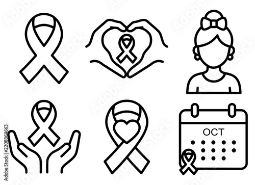 Breast Cancer Awareness Icons Set Pink Ribbon October Support