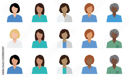 Set of diverse faceless female medical staff doctor and nurse user avatar profile icons in flat design isolated on white background