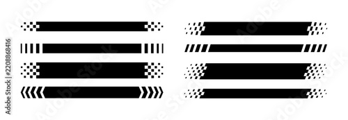Race flag lines set. Black and white checker finish ribbon. Pixel rectangle header. Car race check grid pattern. Rally border, game header. Vector illustration isolated on white background.
