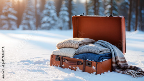 Winter travel preparation with cozy knitwear in vintage suitcase amidst snowy forest setting