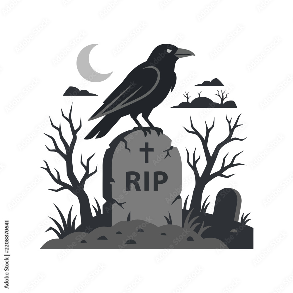 Fototapeta premium Raven perched on RIP gravestone, spooky Halloween night scene, isolated