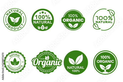 100% Organic and Natural Product Badge Collection – Green Eco Vector Labels