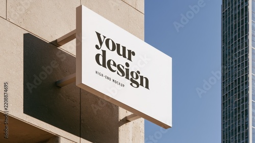 Modern exterior wall sign mockup mounted on a stone building in daylight. Perfect for branding and logo presentation concepts.