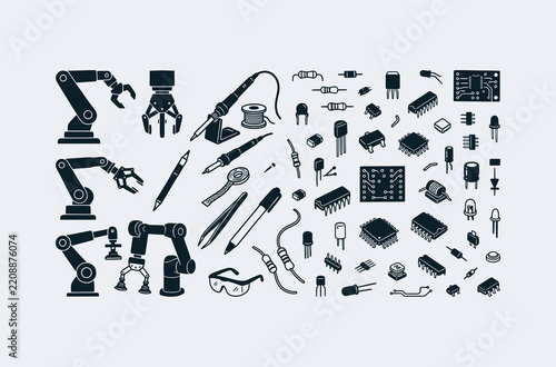 Comprehensive Set of Isometric Robotic Arms Electronics Components Soldering Tools and Hardware
