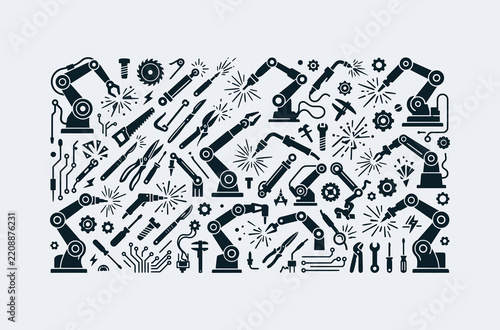 Industrial Robotic Arms and Manufacturing Tools Seamless Pattern Background for Factory Technology