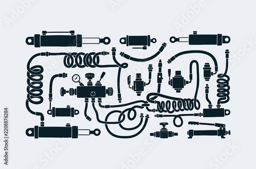 Industrial Hydraulic System Components Silhouettes Set for Mechanical Engineering Maintenance