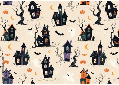 Spooky Haunted House Seamless Pattern with Ghosts, Pumpkins and Bare Trees, Halloween Vector Background