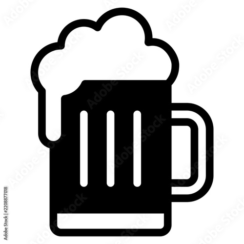 Flat style vector illustration of a beer mug filled with frothy foam, featuring a brown handle and golden liquid, suitable for beverage, pub, or celebration themes.