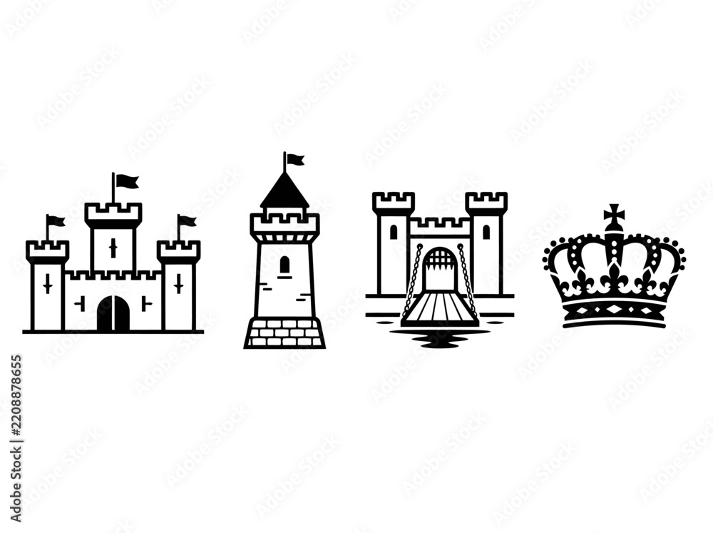 Fototapeta premium Set of monochromatic castle tourism vector icons featuring medieval fortresses towers and a royal crown for historical design