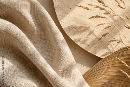 Draped linen fabric with dried wheat shadow, warm textile background