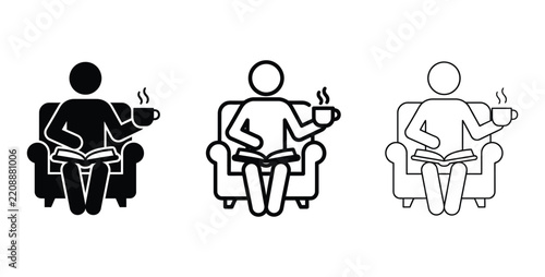 people reading books while drinking coffee in armchairs with varying line weights