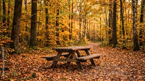 Rustic Outdoor Table and Benches Among Warm Autumn Trees and Fallen Leaves