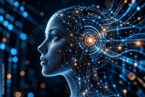 Digital human head with glowing neural network and artificial intelligence technology concept