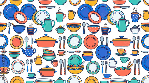 Colorful Kitchenware Pattern, Flat Illustration