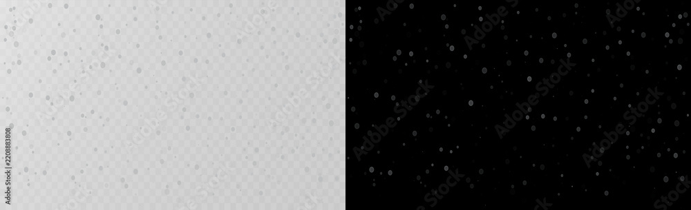 Fototapeta premium Falling snow, light snowfall, snowflakes, snow background on split background.