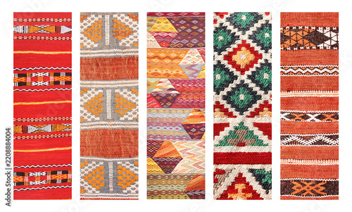 Set of vertical or horizontal banners with textures of berber traditional wool carpet with geometric pattern, Morocco, Africa. Handmade carpets collection. Oriental wool rugs with intricate designs