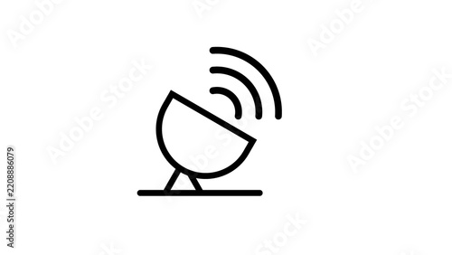 Black outline icon of satellite dish with radiating waves symbolizing signal transmission