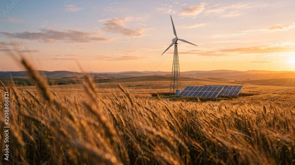 Obraz premium Sustainable Energy Concept with Wind Turbine and Solar Panels in Wheat Field