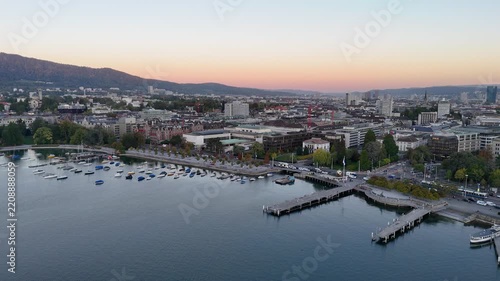 Aerial Drone shot of Zurich, Switzerland. The business Swiss town.