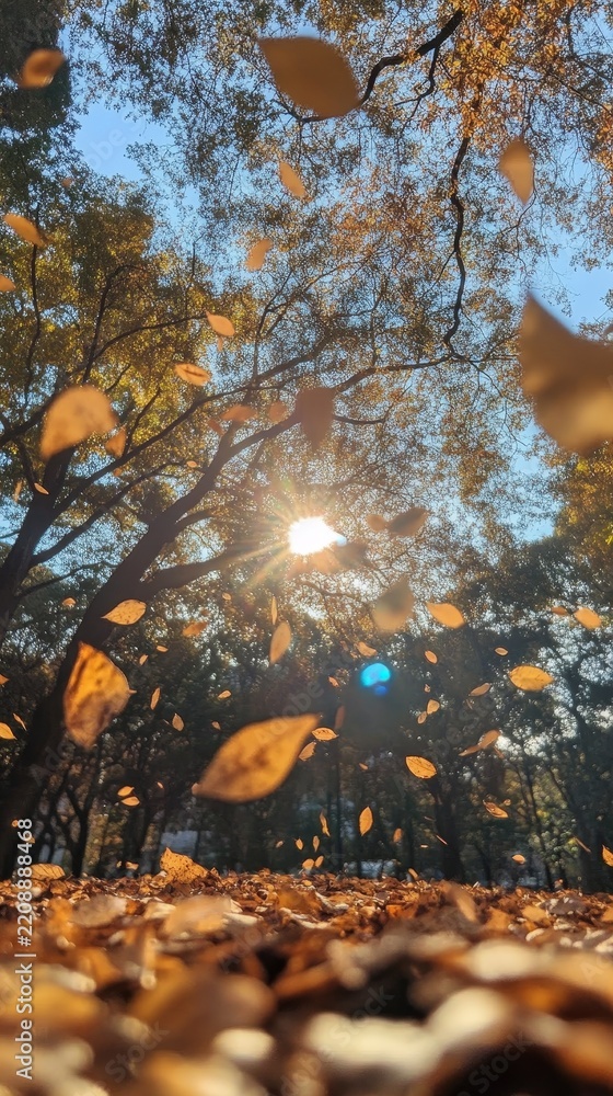 Obraz premium Autumn woodland tunnel with curved tree trunks, bright sunlit clearing, small wooden cabins, orange foliage, leaf covered ground and warm rural landscape atmosphere