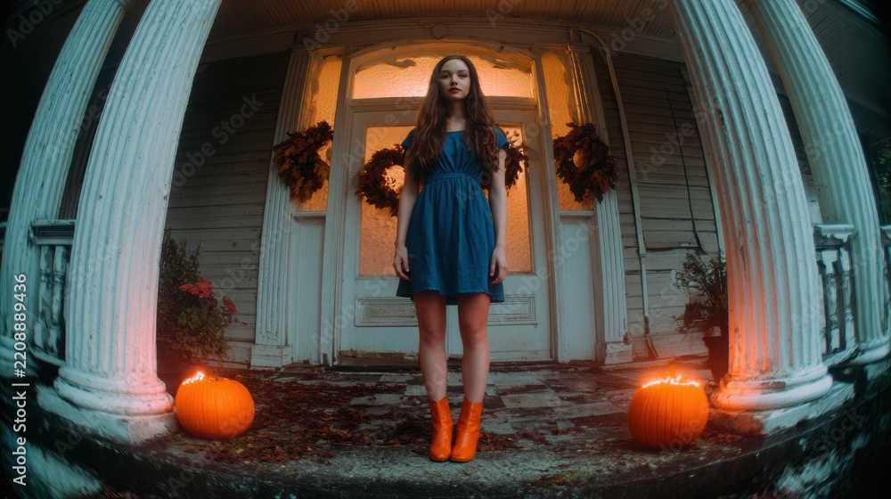 Fototapeta premium Young woman in blue dress standing on front porch between carved pumpkins and autumn leaves during Halloween evening, with woman, girl, portrait, fullbody detail