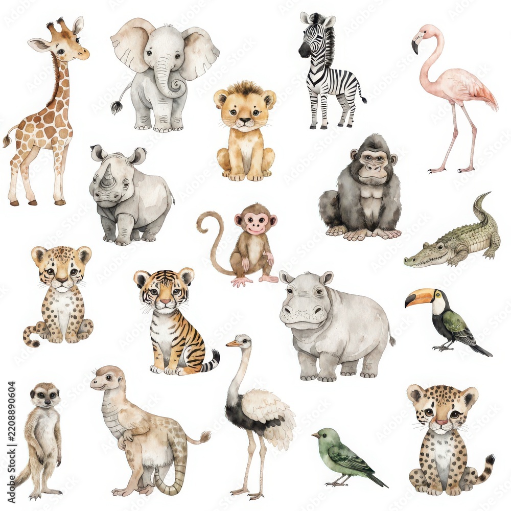 Obraz premium Cute Baby Safari Animals Illustration Set for Kids Nursery Decor and Stickers