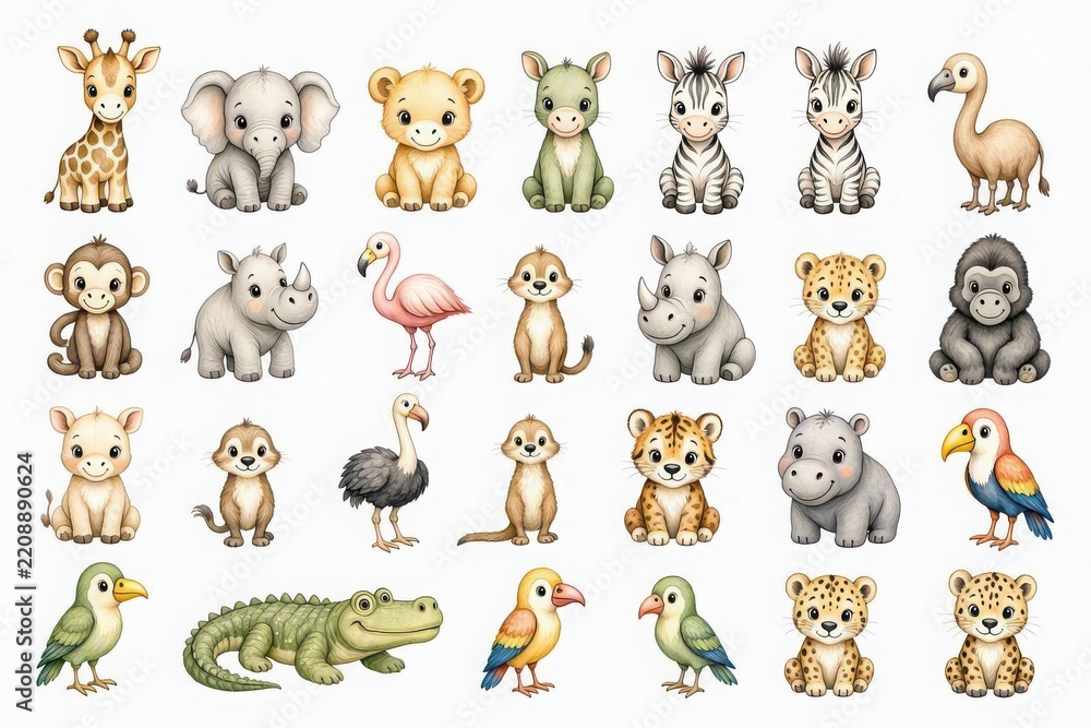 Obraz premium Watercolor Safari Animals Set Isolated on White Background for Nursery Design