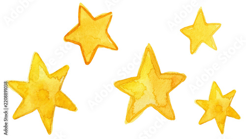 Hand-painted golden stars scattered across a white canvas, isolated on transparent background